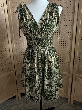 Cupshe Green and Cream Tie-Shoulder Smocked Mini Dress
